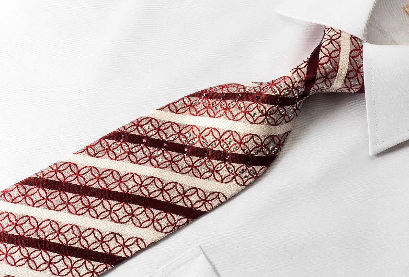 Smalto Rhinestone Necktie Burgundy White Striped On Silver With Silver Sparkles