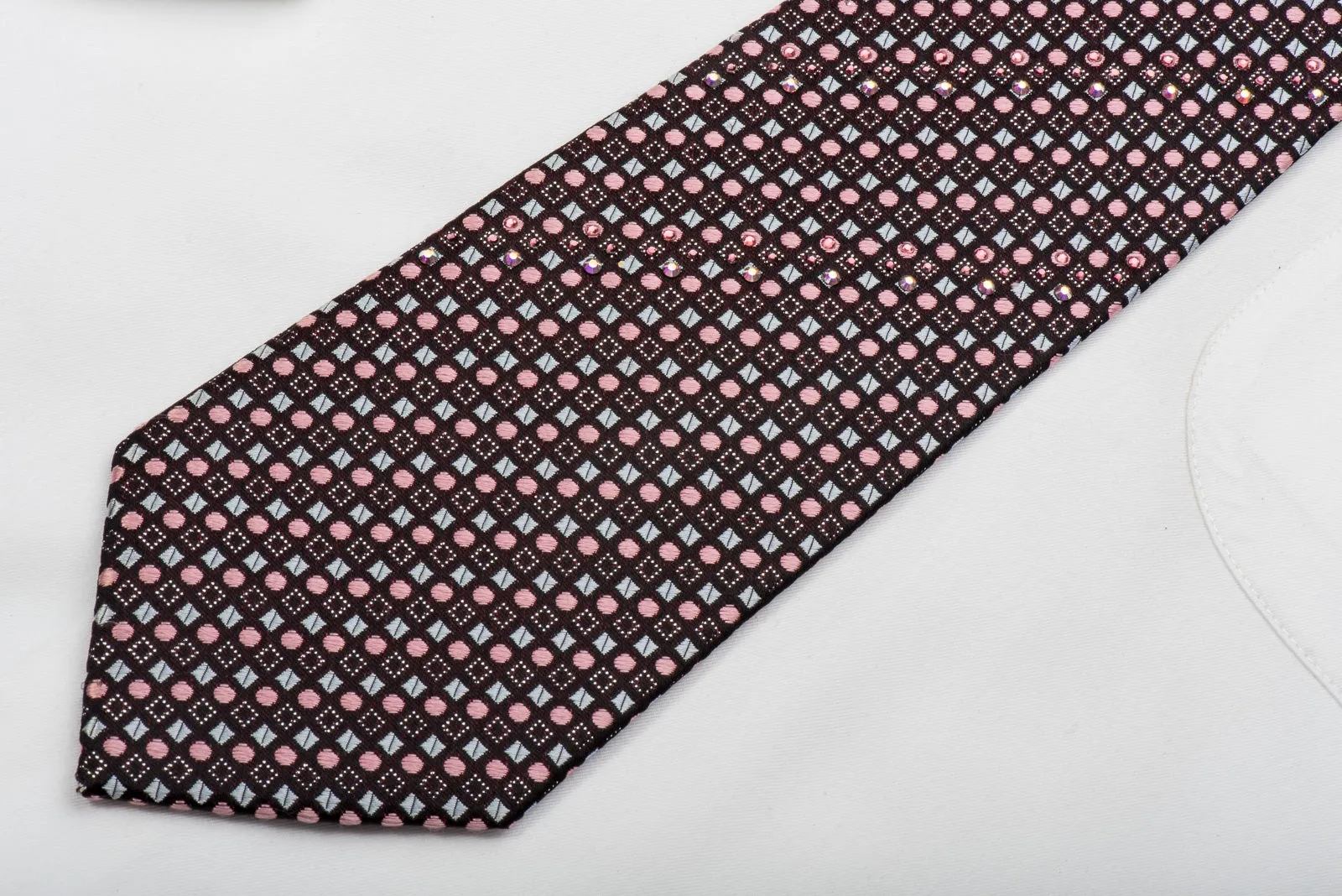 Smalto Rhinestone Silk Necktie Pink Dots & Silver Squares On Black With Sparkles