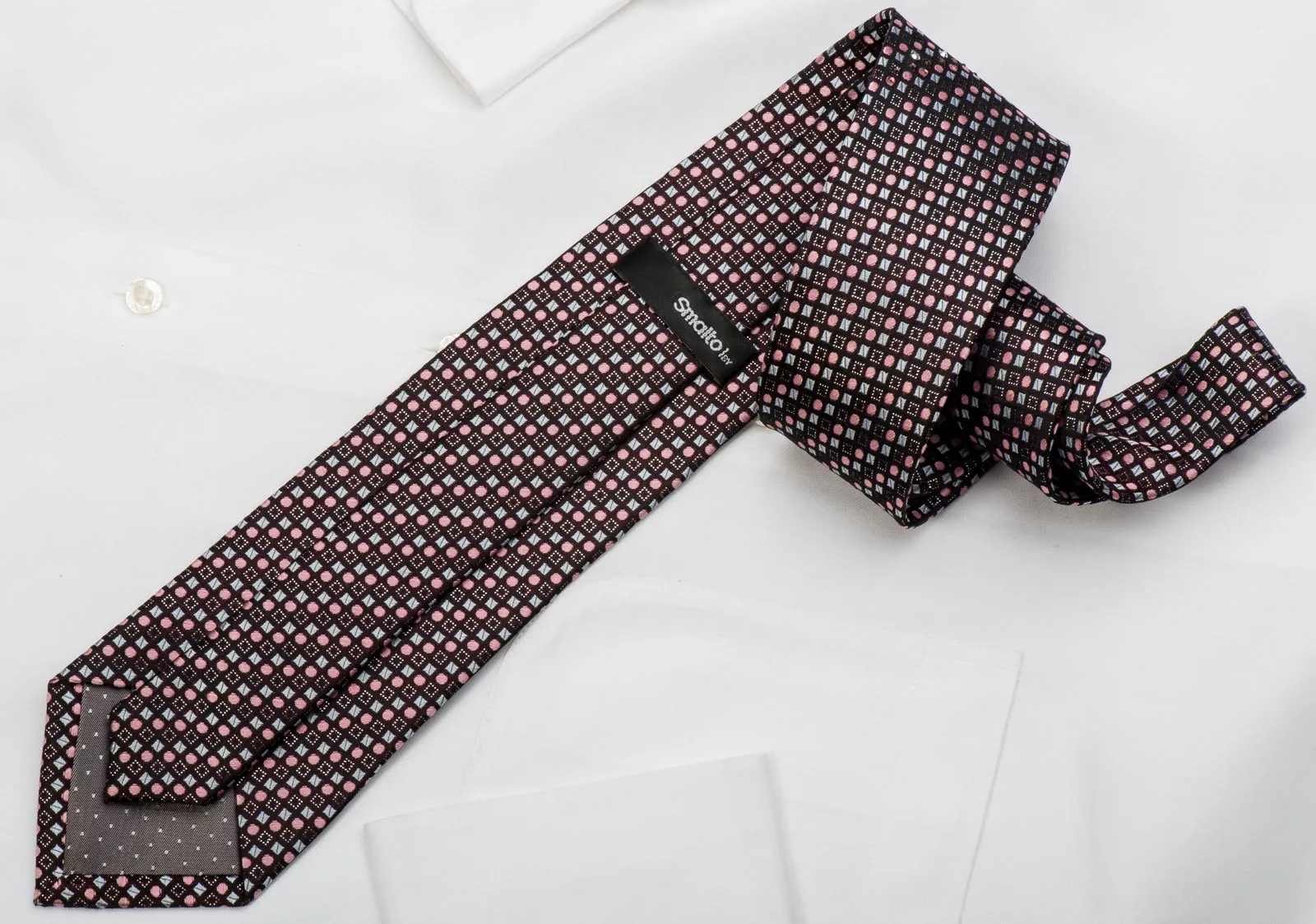 Smalto Rhinestone Silk Necktie Pink Dots & Silver Squares On Black With Sparkles
