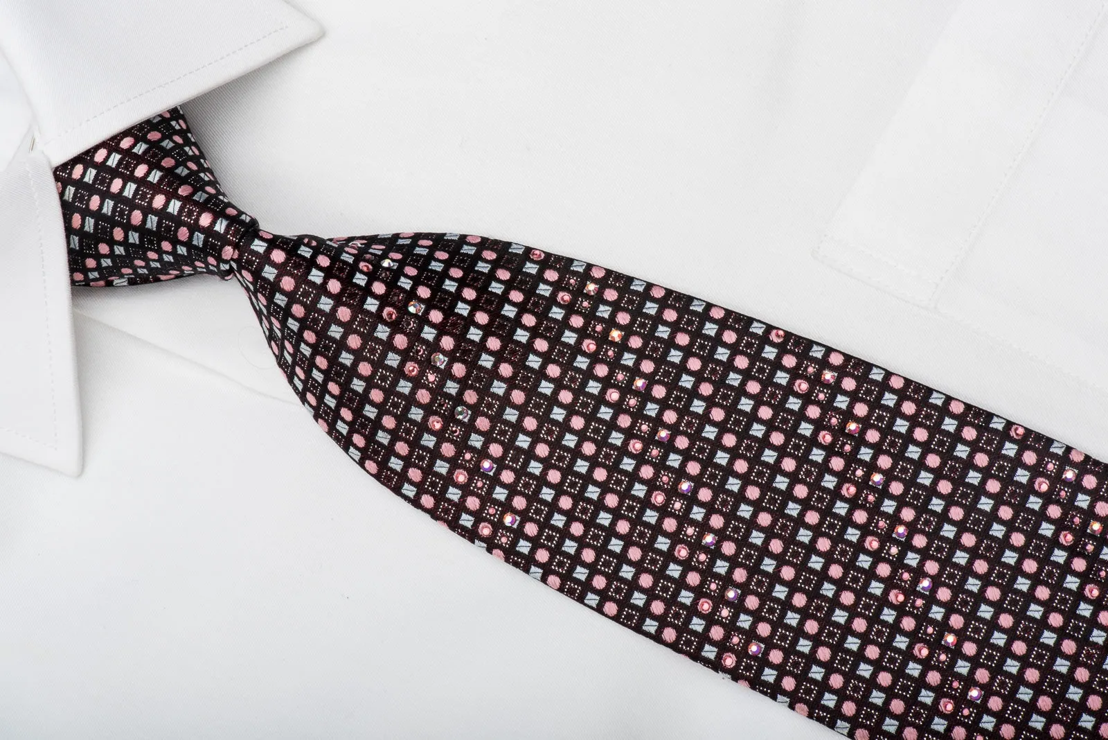 Smalto Rhinestone Silk Necktie Pink Dots & Silver Squares On Black With Sparkles