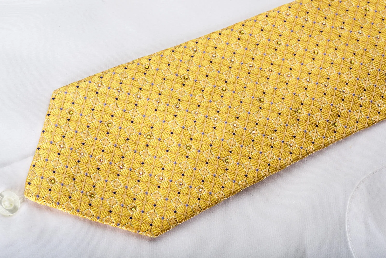 Smalto Rhinestone Silk Necktie Trellis On Yellow With Silver Sparkles
