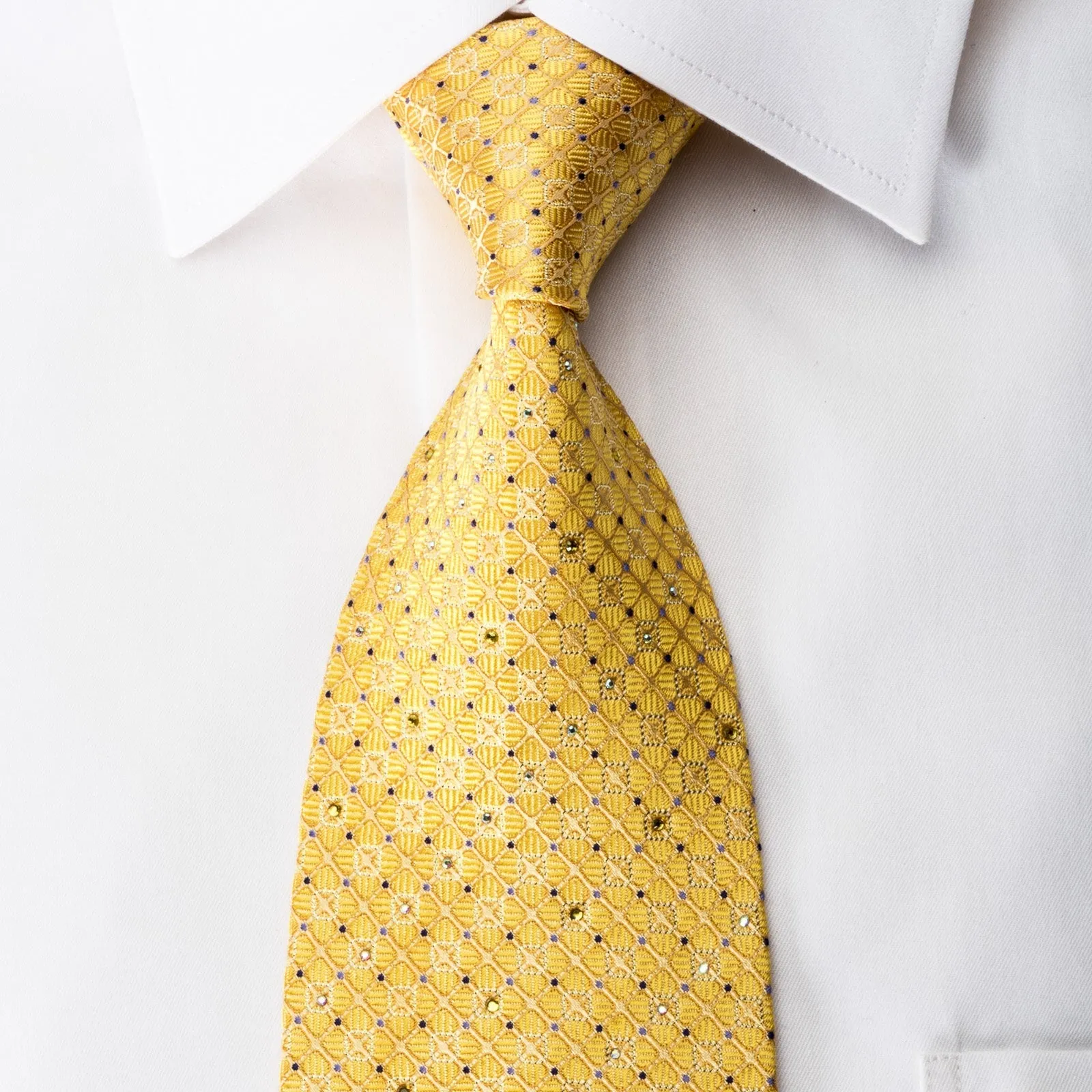 Smalto Rhinestone Silk Necktie Trellis On Yellow With Silver Sparkles
