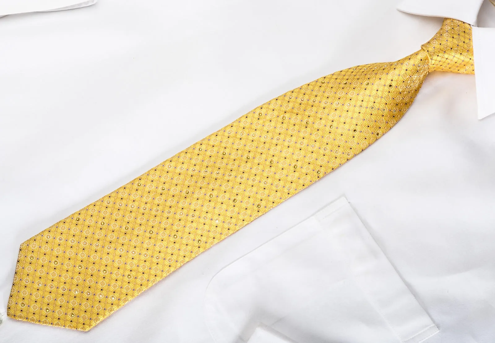 Smalto Rhinestone Silk Necktie Trellis On Yellow With Silver Sparkles