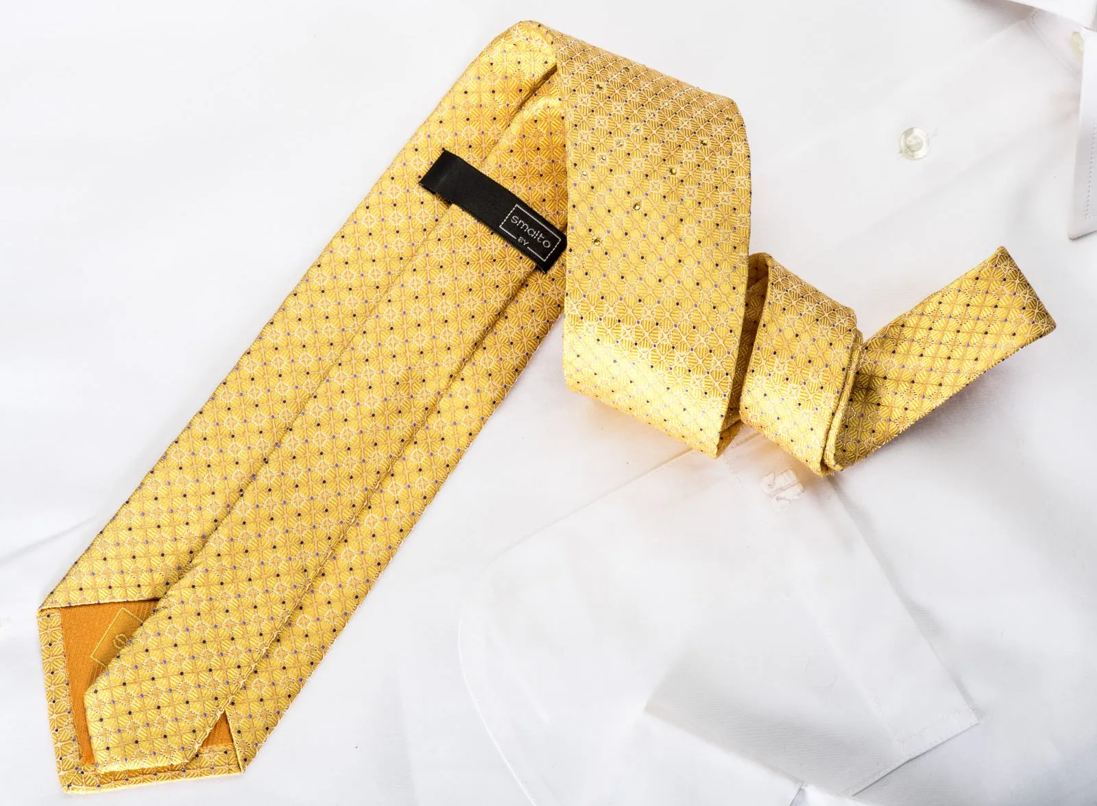 Smalto Rhinestone Silk Necktie Trellis On Yellow With Silver Sparkles