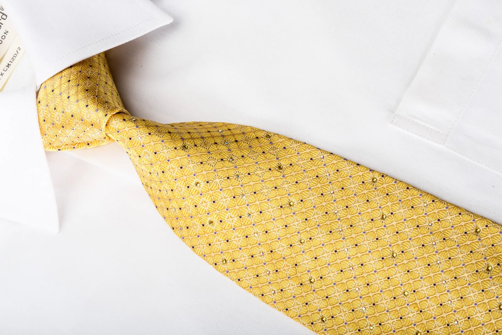 Smalto Rhinestone Silk Necktie Trellis On Yellow With Silver Sparkles