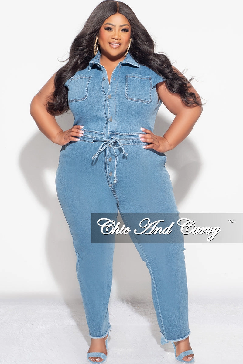 Final Sale Plus Size Collar Button Up Jumpsuit in Denim Sporty Appeal WaterRepellent
