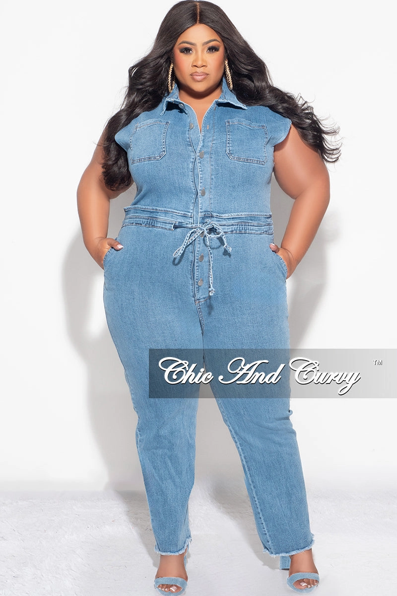 Final Sale Plus Size Collar Button Up Jumpsuit in Denim Work Essential