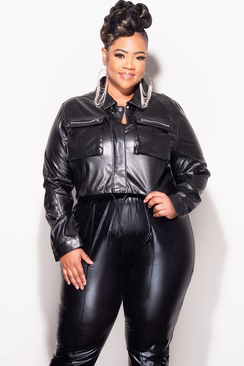 *Final Sale Plus Size Faux Leather Cropped Jacket Urban Look Easy Stretch