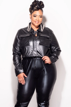 *Final Sale Plus Size Faux Leather Cropped Jacket Urban Look Easy Stretch