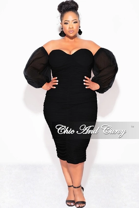 Final Sale Plus Size Mesh Shirring Tube Midi Dress with Mesh Sleeves in Black EcoFriendlyDye Chill Comfort