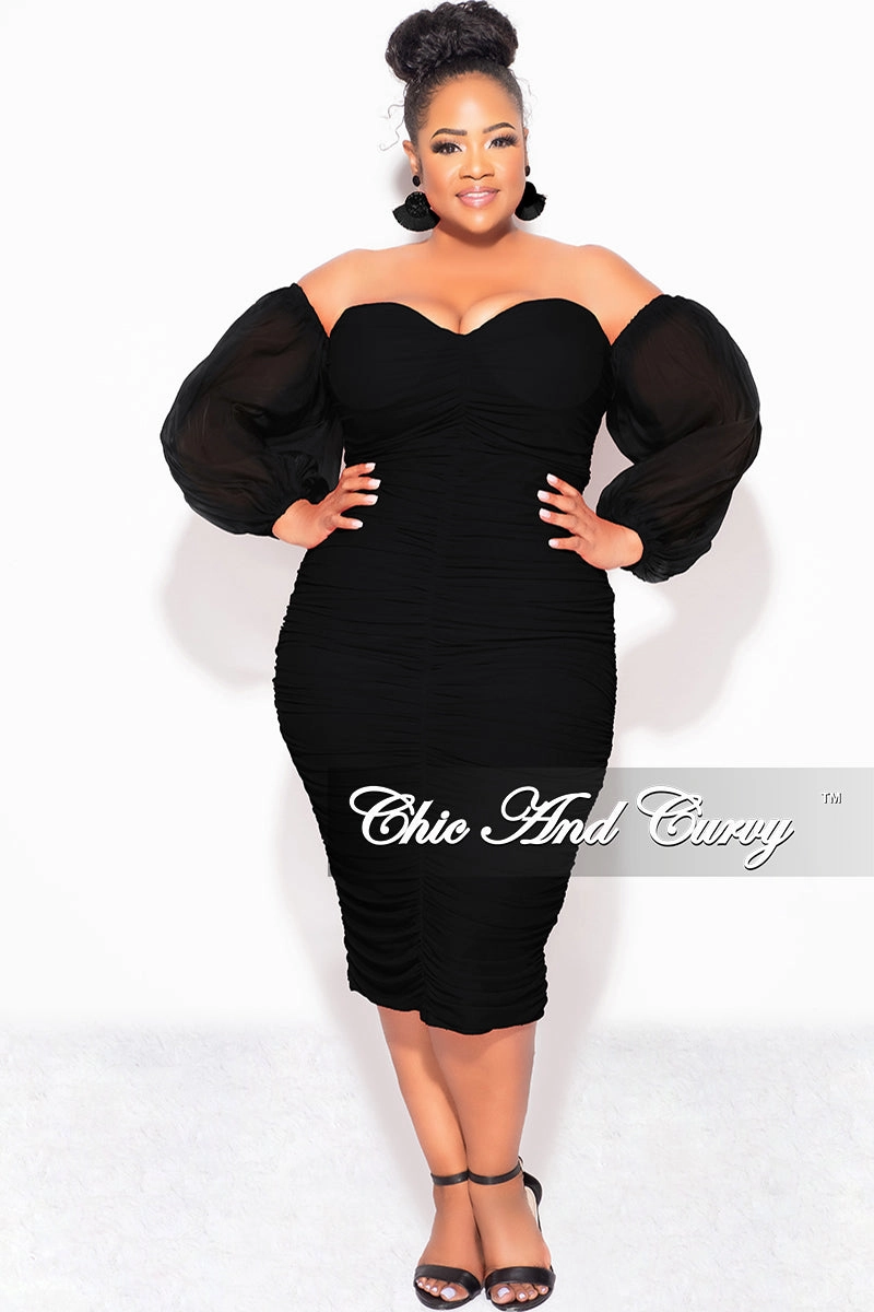Final Sale Plus Size Mesh Shirring Tube Midi Dress with Mesh Sleeves in Black Timeless Appeal Tapered ankle