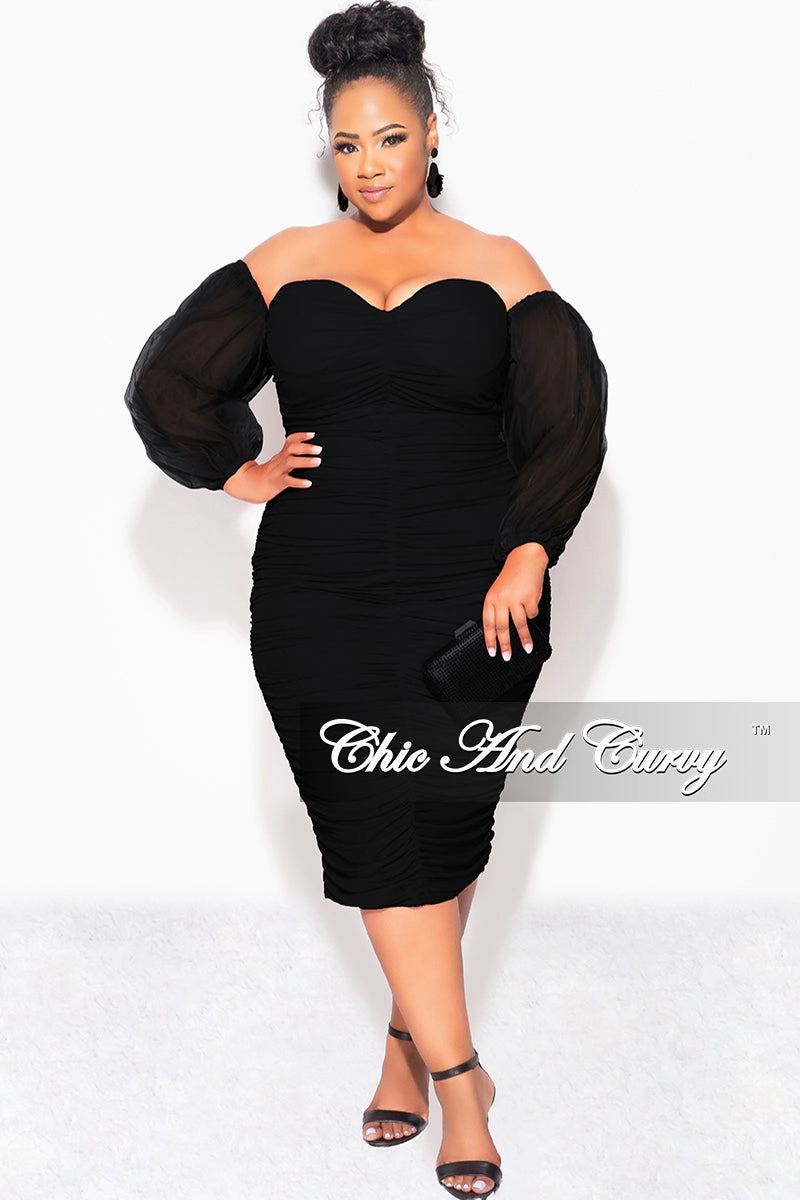 relaxed shape Final Sale Plus Size Mesh Shirring Tube Midi Dress with Mesh Sleeves in Black