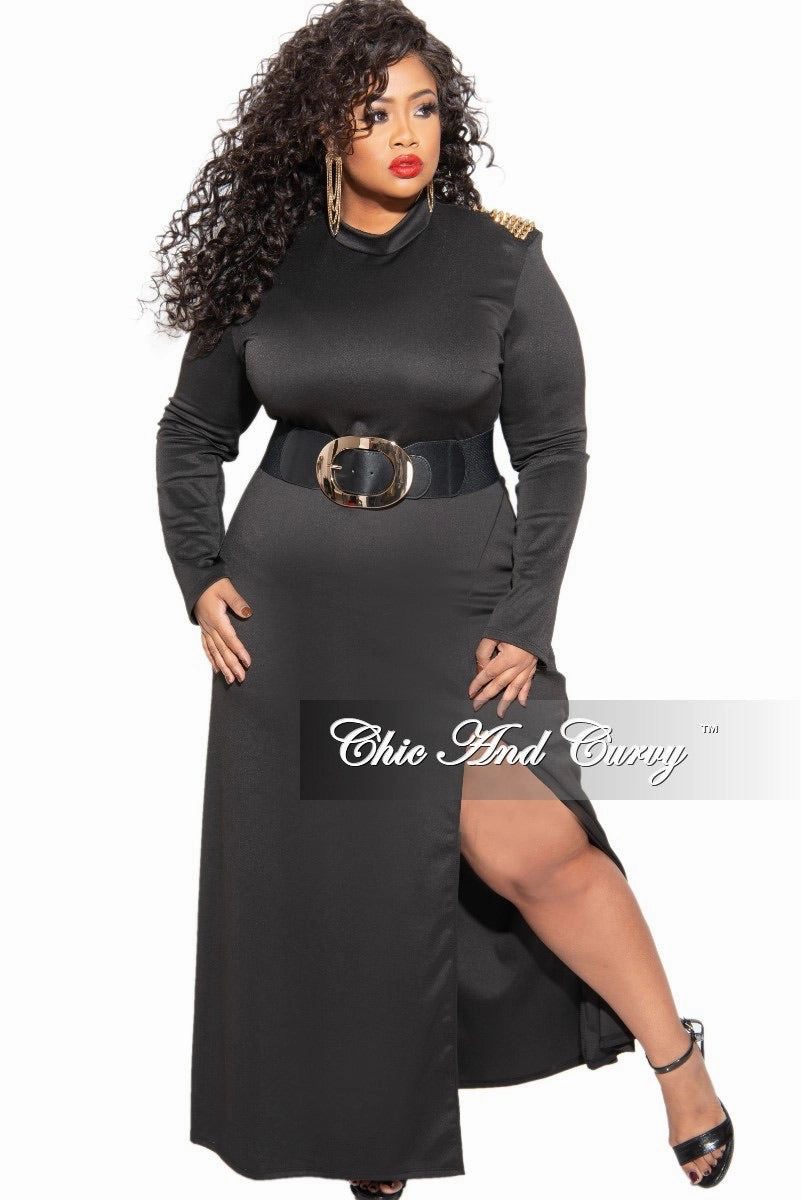 Chilly Day Wear Final Sale Plus Size Dress with Spiked Shoulder Applique and Front Side Slit in Black