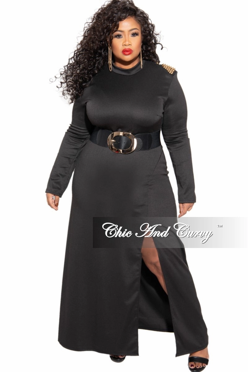Soft Material Final Sale Plus Size Dress with Spiked Shoulder Applique and Front Side Slit in Black