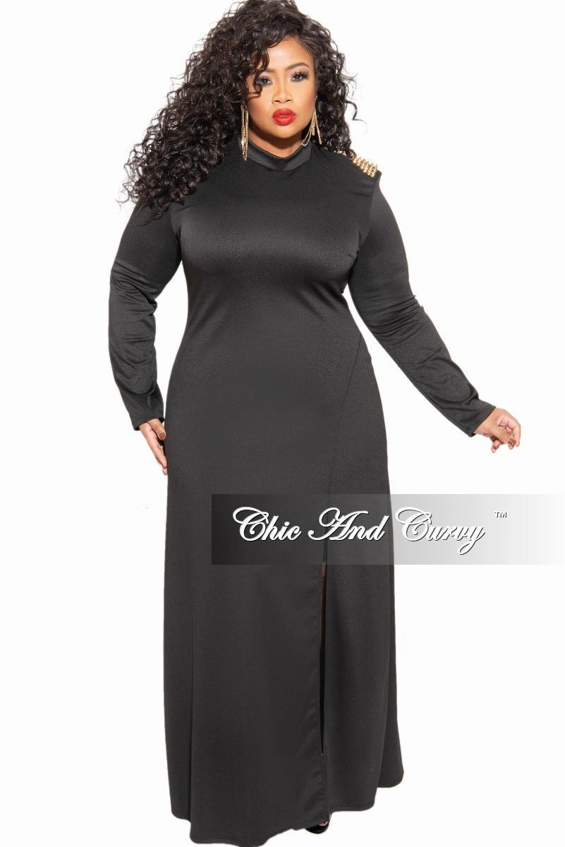 Active Layers Fashion Staple Final Sale Plus Size Dress with Spiked Shoulder Applique and Front Side Slit in Black