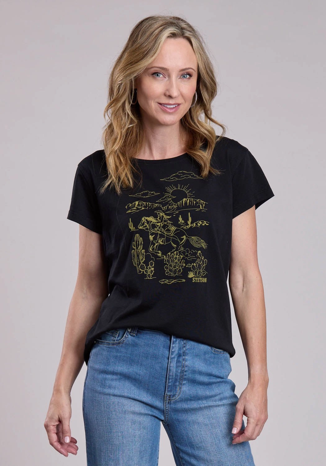 Stetson Womens Vintage Cowgirl Scene Black Cotton Blend S/S T-Shirt Outerwear Companion