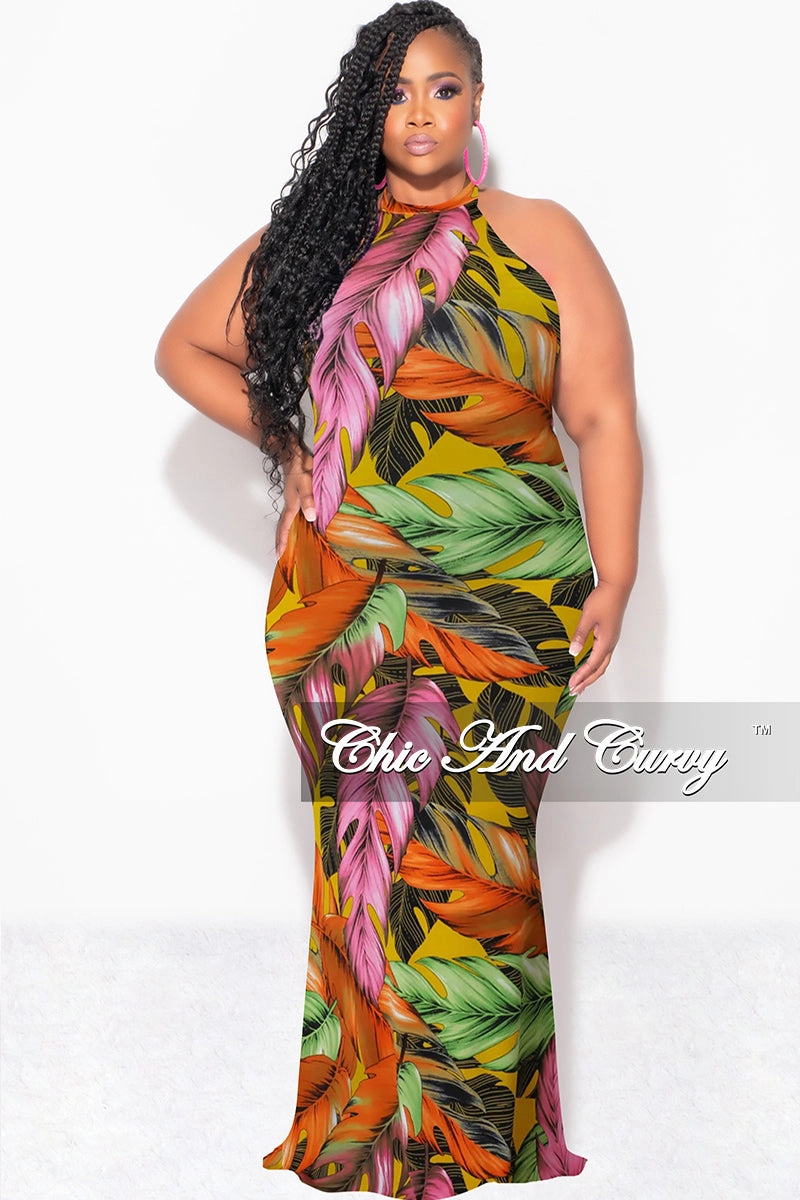 Final Sale Plus Size Halter Neck Sleeveless Mermaid Dress in Yellow / Orange Body Movement