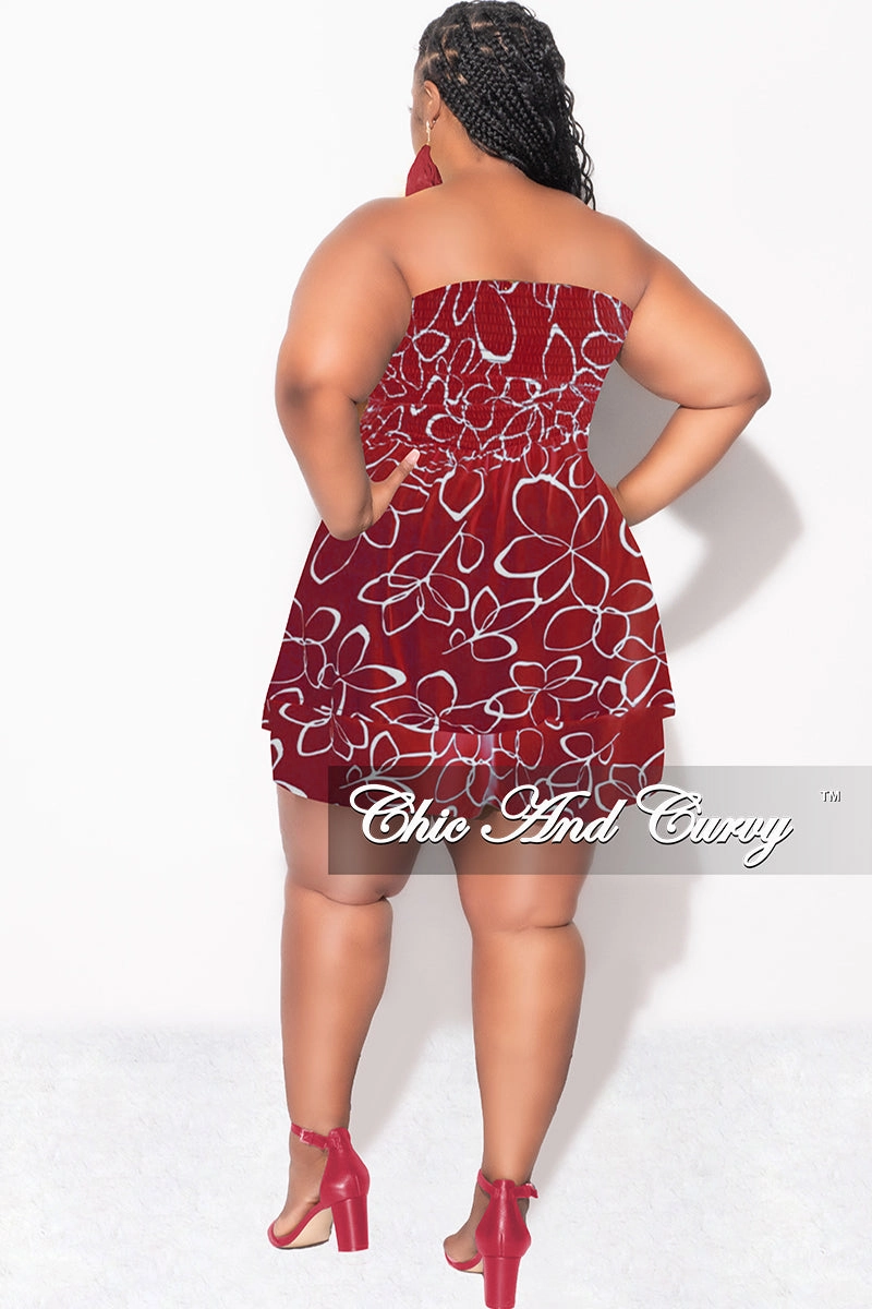 Final Sale Plus Size Strapless Romper in Burgundy & Ivory Print Barrel Waist Casual Vibe