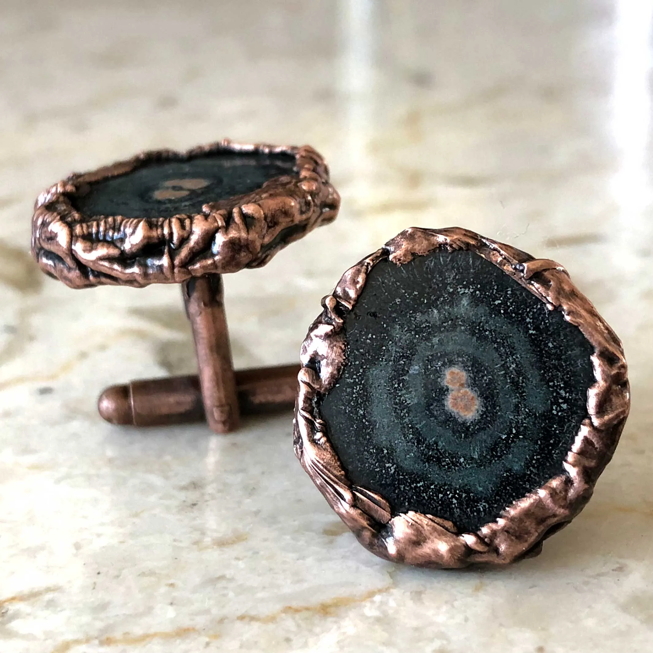 Smoky Solar Quartz Stalactite Slice Cufflinks, electroformed copper