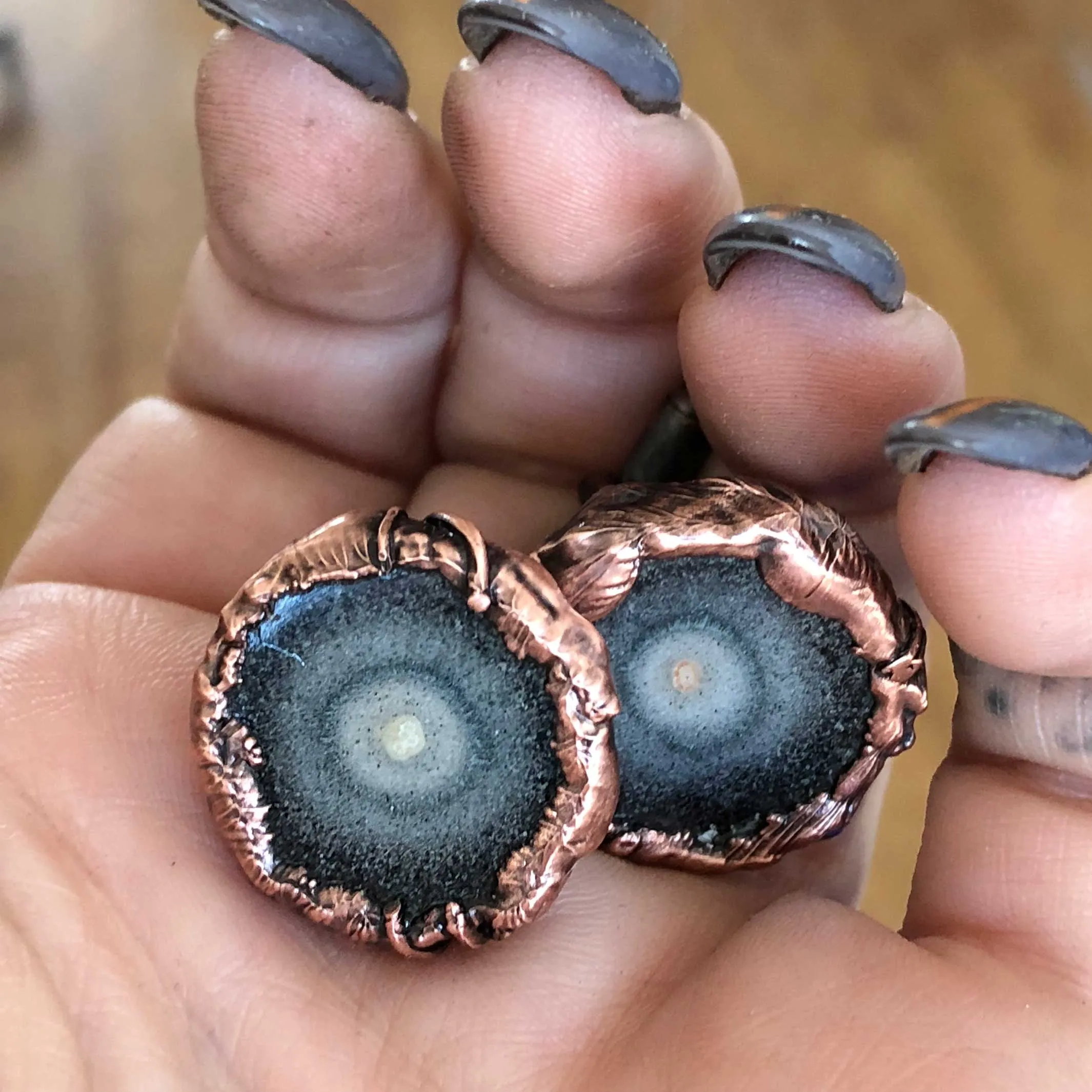 Smoky Solar Quartz Stalactite Slice Cufflinks, electroformed copper