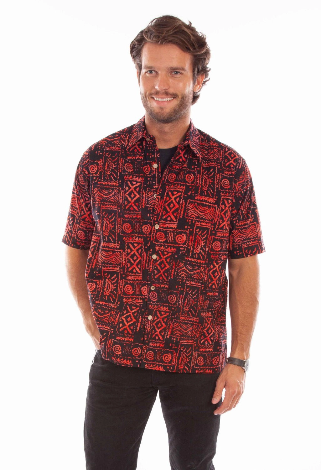 Scully Mens Batik Tribal Red 100% Cotton S/S Shirt Street Wear Lightweight Comfort