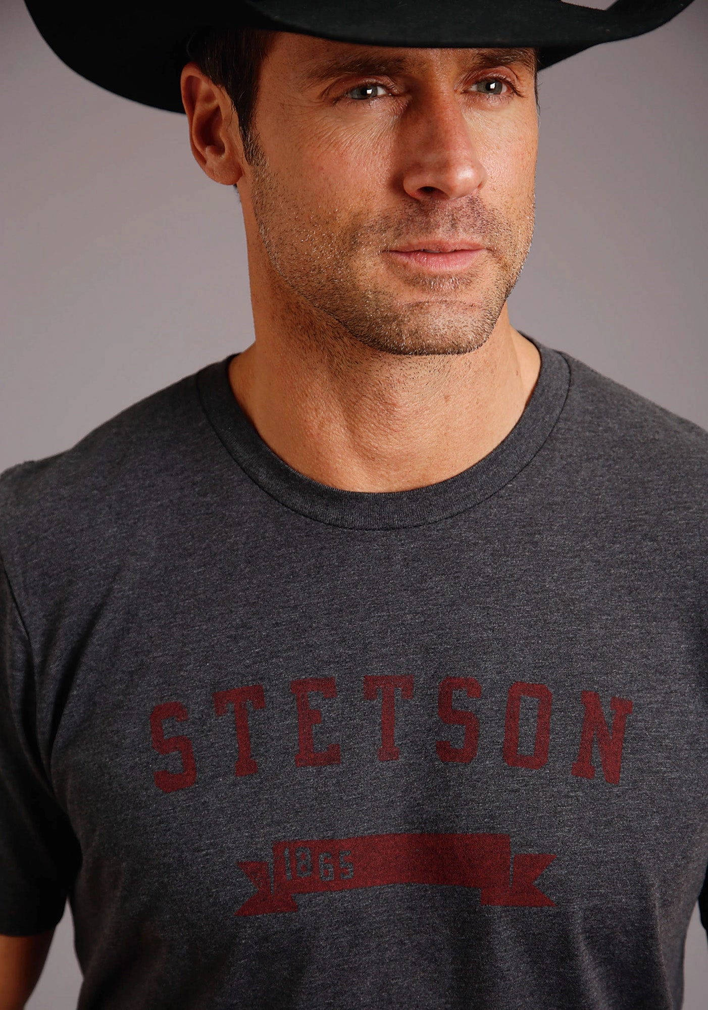 Perfect Wear Stetson Mens Grey Cotton Blend 1865 Logo S/S T-Shirt