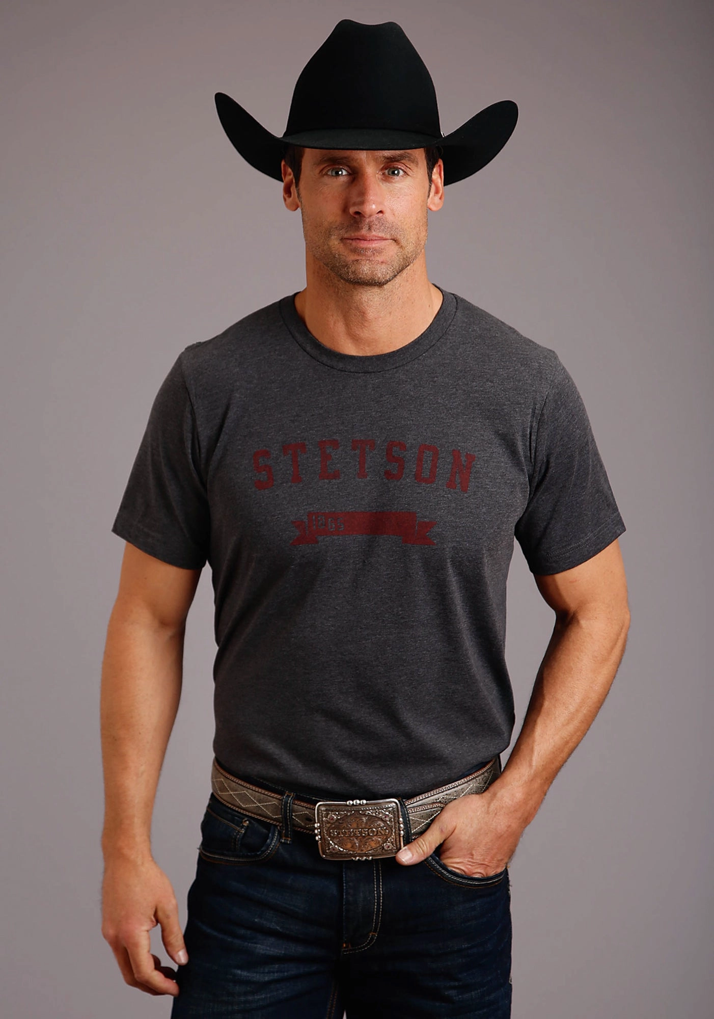 Stetson Mens Grey Cotton Blend 1865 Logo S/S T-Shirt City Exploration Professional Look