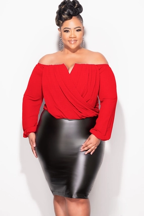 Trendy Vibe Final Sale Plus Size Chiffon Off the Shoulder Sweetheart Draping Blouse in Red