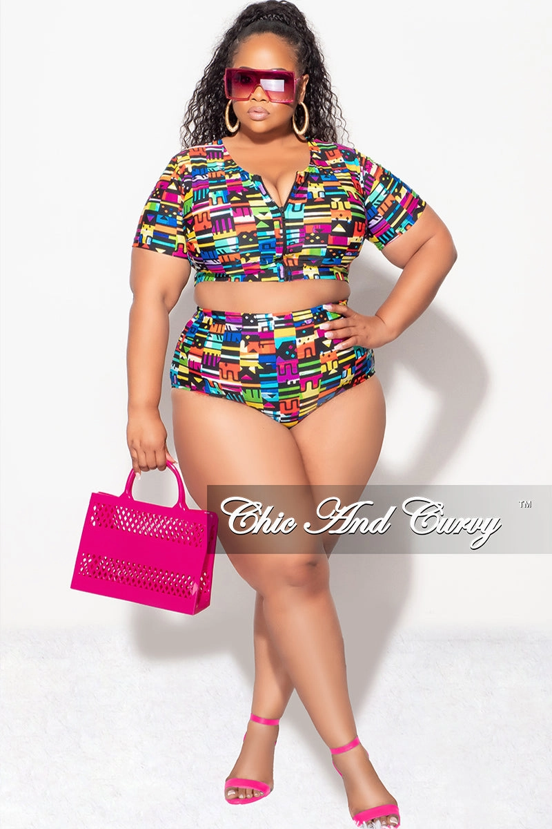 Exclusive Chic And Curvy - Final Sale Plus Size 2pc Swimwear in Multi Color Design Sport Ready