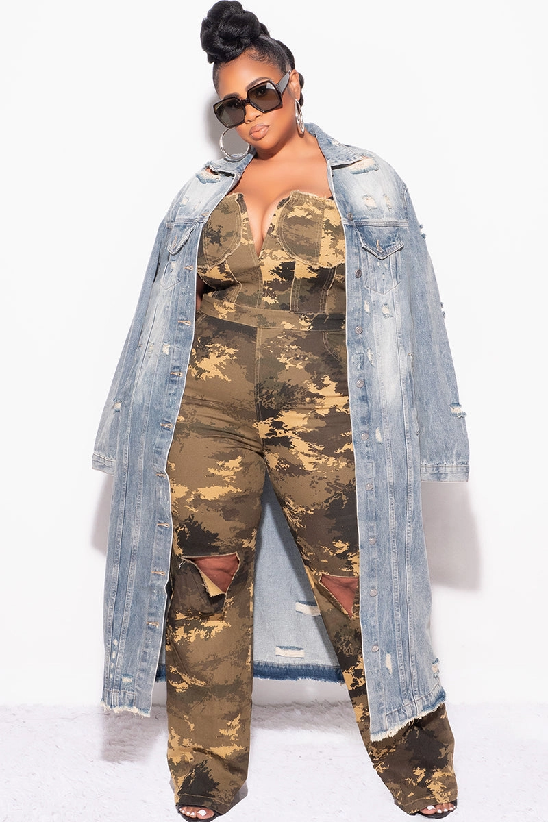 Seamless Design Final Sale Plus Size Distressed Duster Jacket in Medium Denim