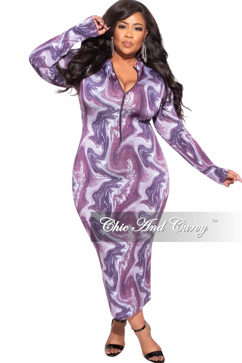 Urban Cool Multi Pocket Design Final Sale Plus Size Reversible Bodycon Dress in Purple Abstract Print