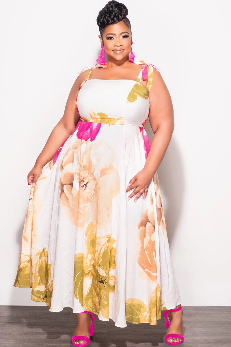 Final Sale Plus Size Self Tie Strap Light Weight Linen Blend Dress in Ivory Floral Print Street Ready