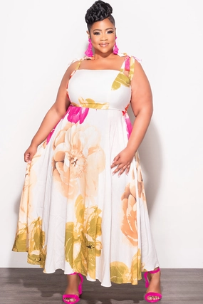 Final Sale Plus Size Self Tie Strap Light Weight Linen Blend Dress in Ivory Floral Print Street Ready