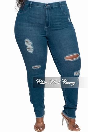 Final Sale Plus Size Denim Jeans with Light Distressing in Medium Denim Blue Durable Seam Construction Flexible Gusset