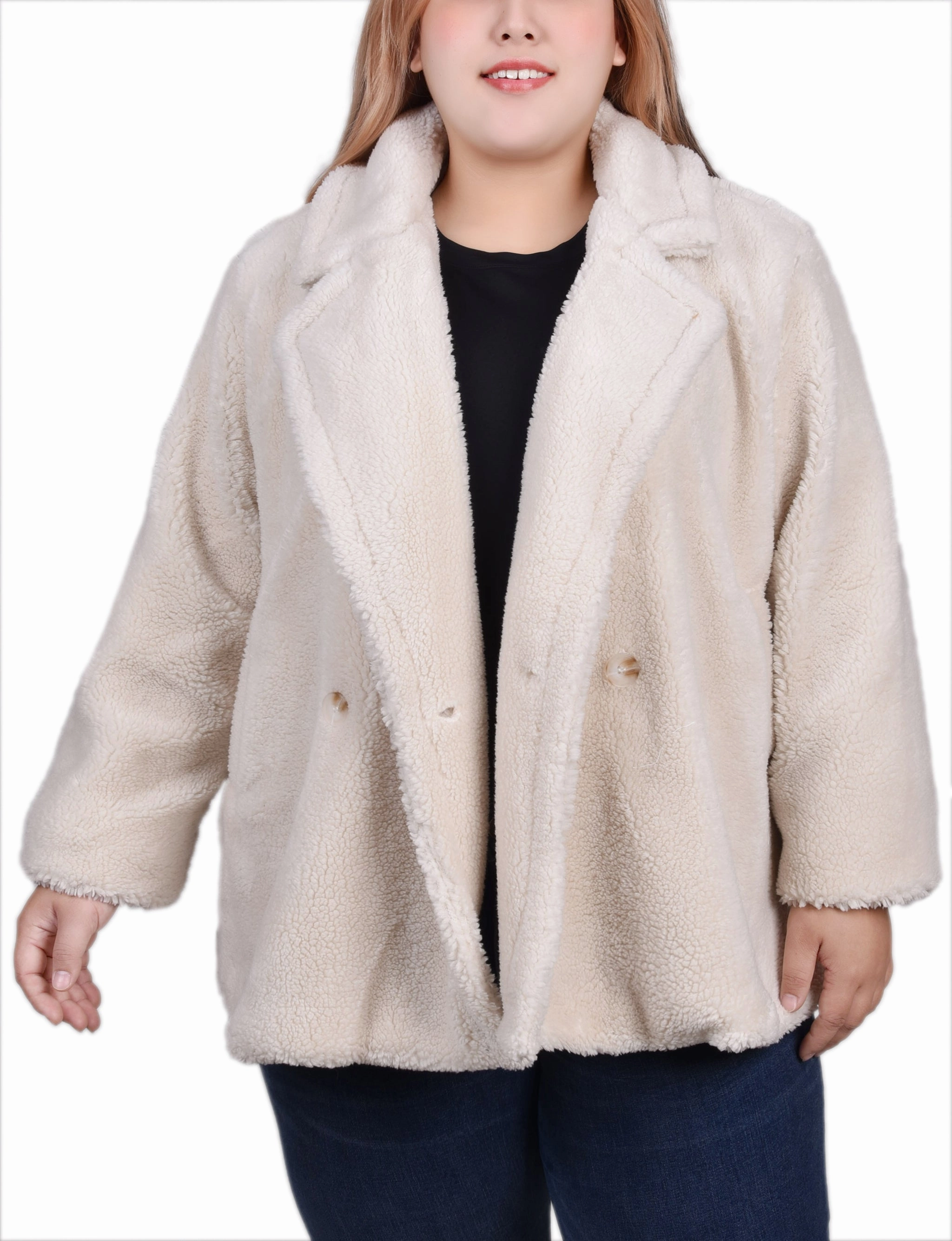 Double Layered Fabric Layered Hem Reinforcement Plus Size Long Sleeve Double Breasted Sherpa Jacket