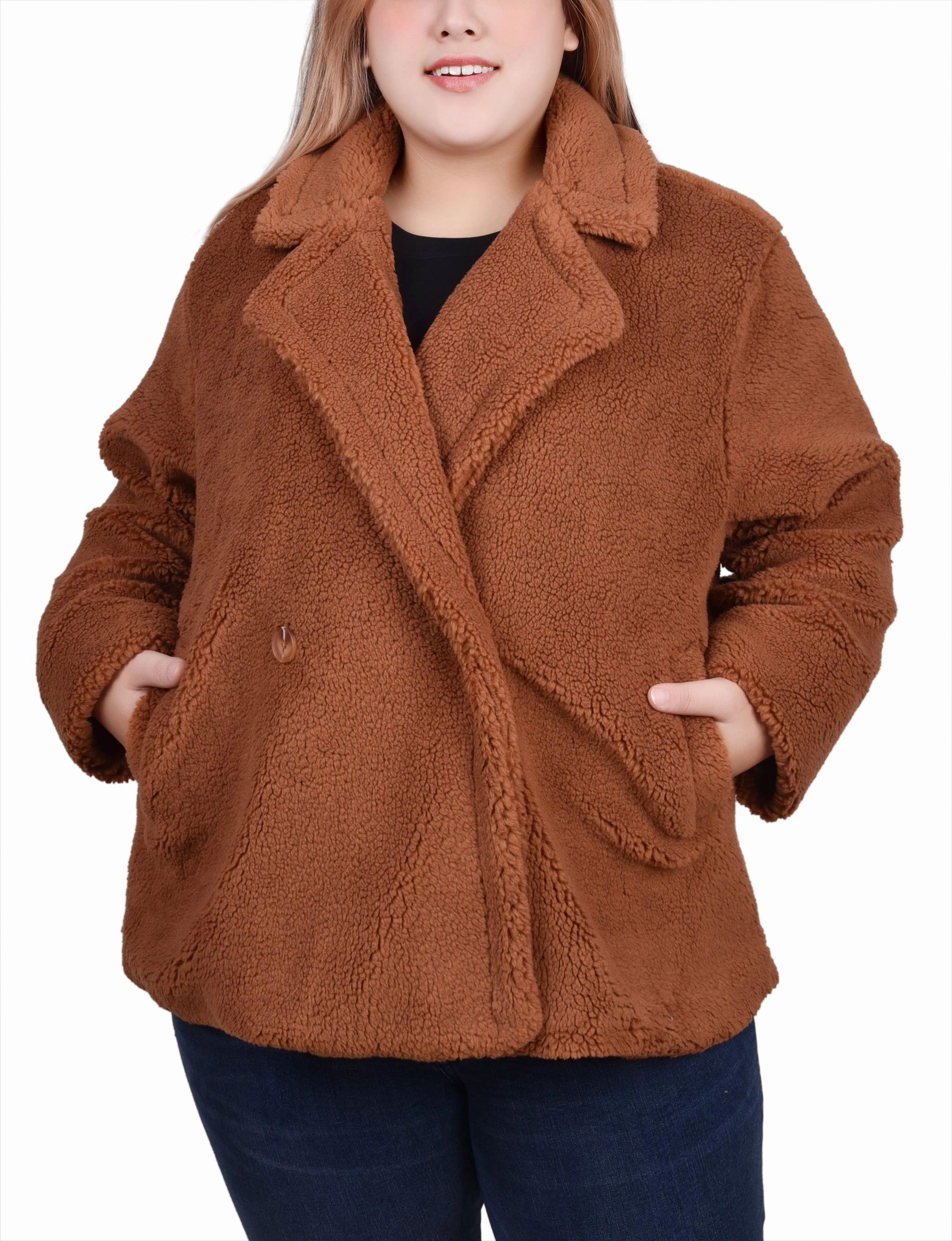 Plus Size Long Sleeve Double Breasted Sherpa Jacket Tapered Side Panels