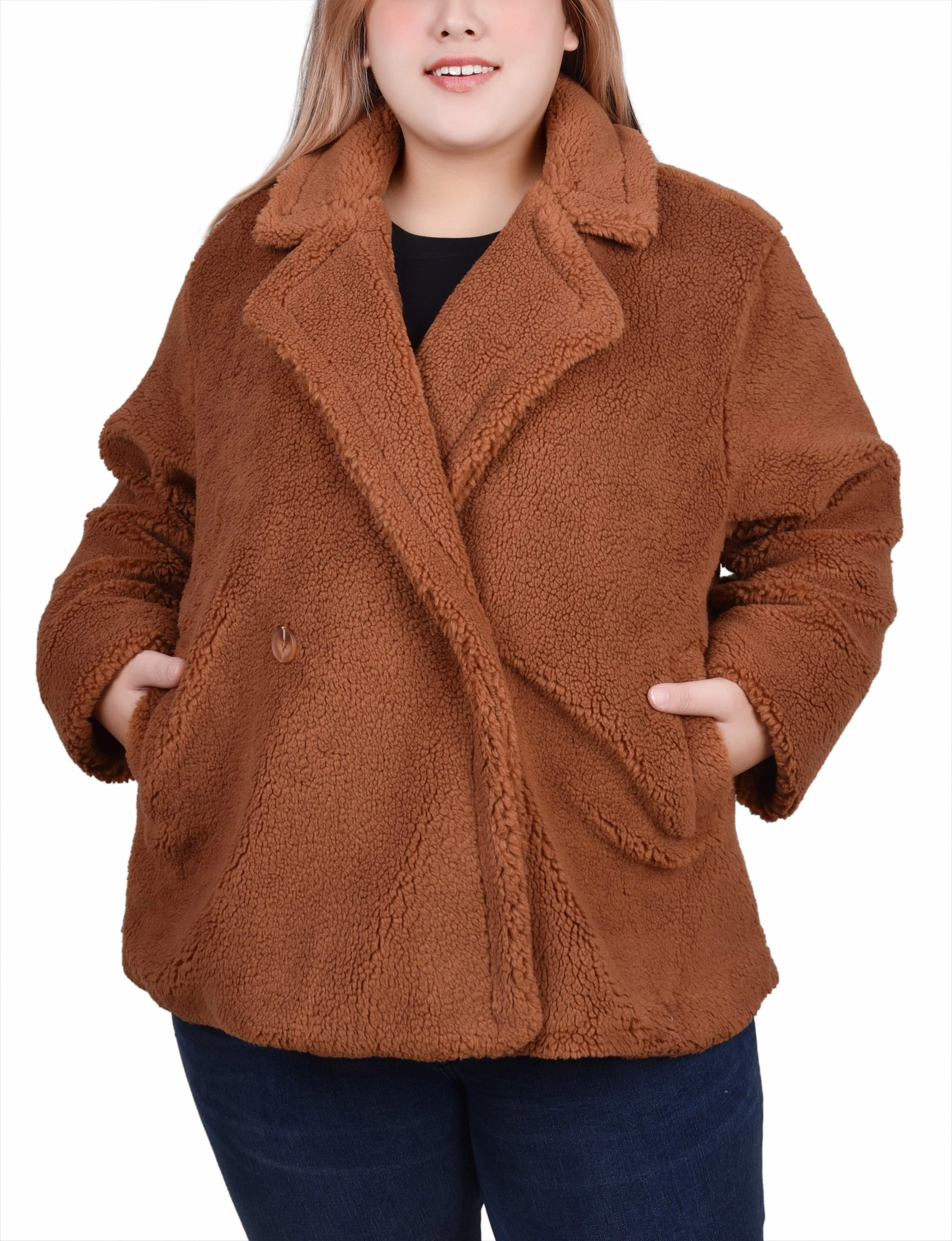 Wrinkle Resistant Texture Plus Size Long Sleeve Double Breasted Sherpa Jacket