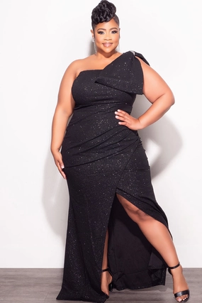 Final Sale Plus Size Glitter One Shoulder Gown with Bow in Black Layered Panel Design