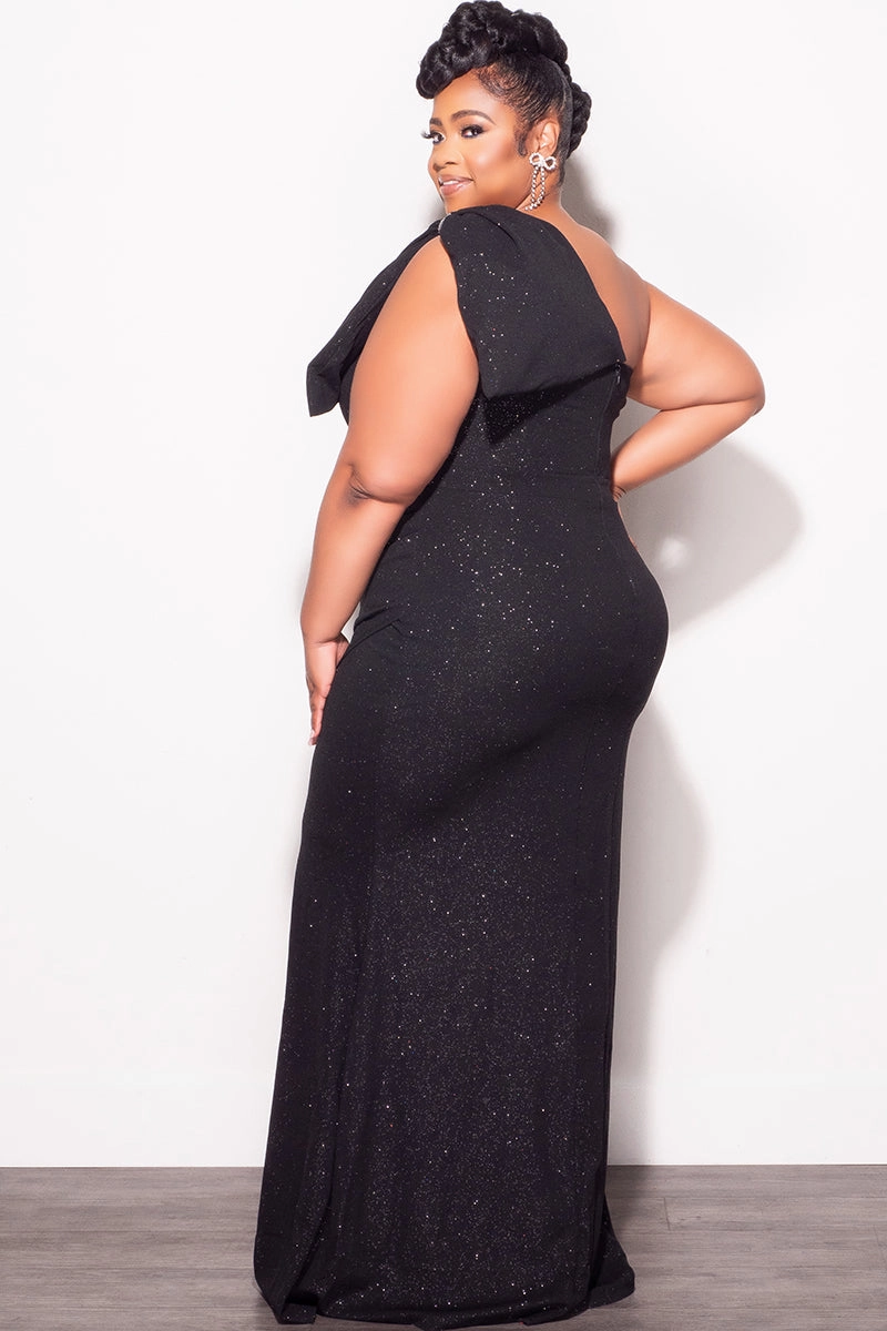 Final Sale Plus Size Glitter One Shoulder Gown with Bow in Black Structured fabric