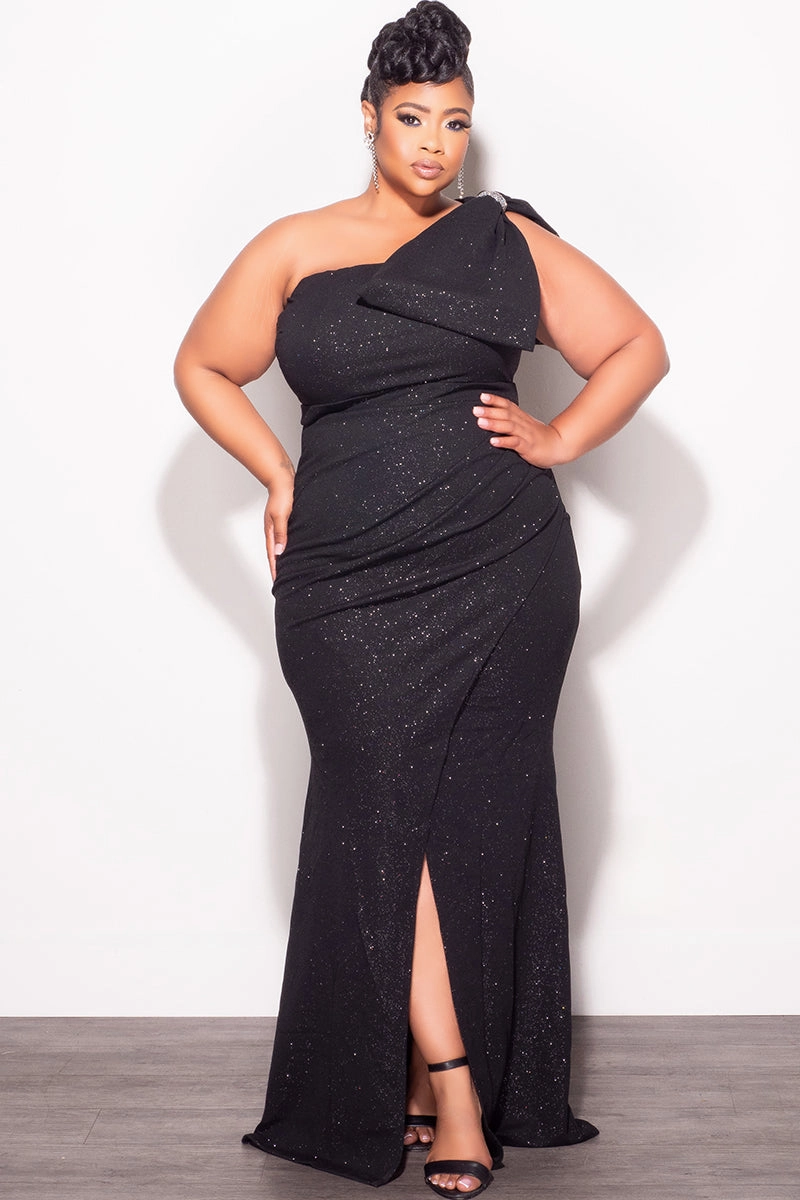 Final Sale Plus Size Glitter One Shoulder Gown with Bow in Black Everyday Flex Lounge-friendly