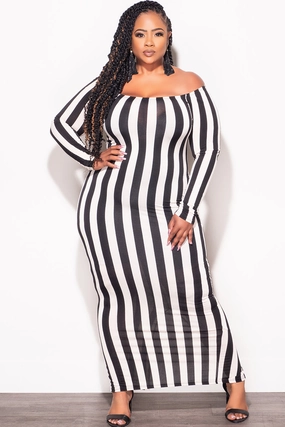 Final Sale Plus Size Off The Shoulder BodyCon Midi Dress in Black & Beige Stripes Modern Utility