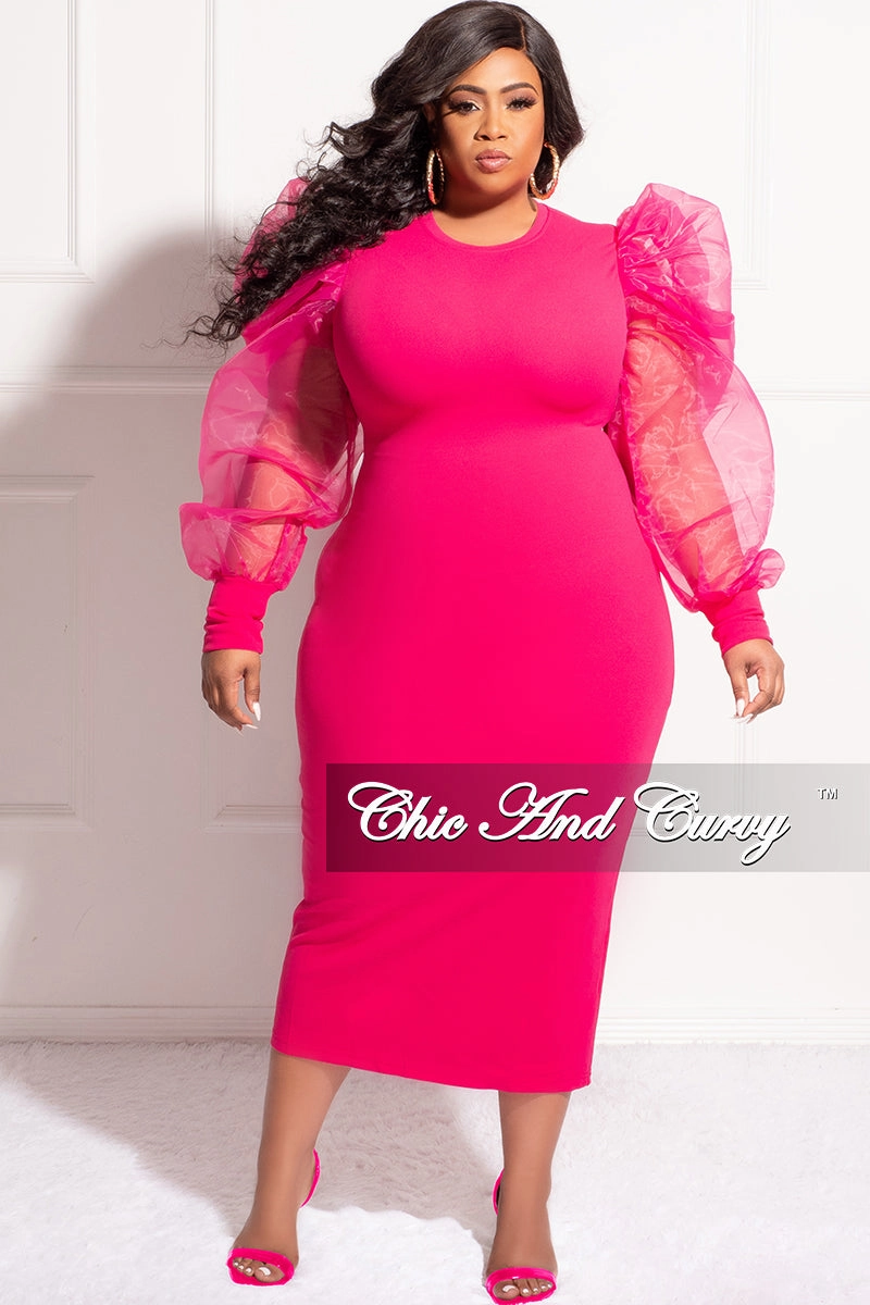 Organic Cotton Blend Sporty Fit Design Final Sale Plus Size Sheer Organza Puffy Sleeve Bodycon Dress in Fuchsia