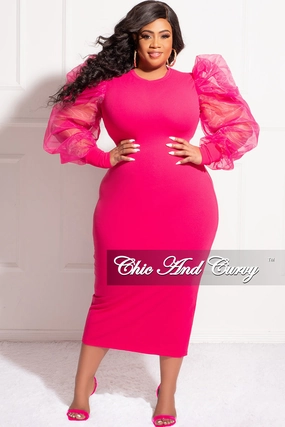 Final Sale Plus Size Sheer Organza Puffy Sleeve Bodycon Dress in Fuchsia AbrasionResistantFabric