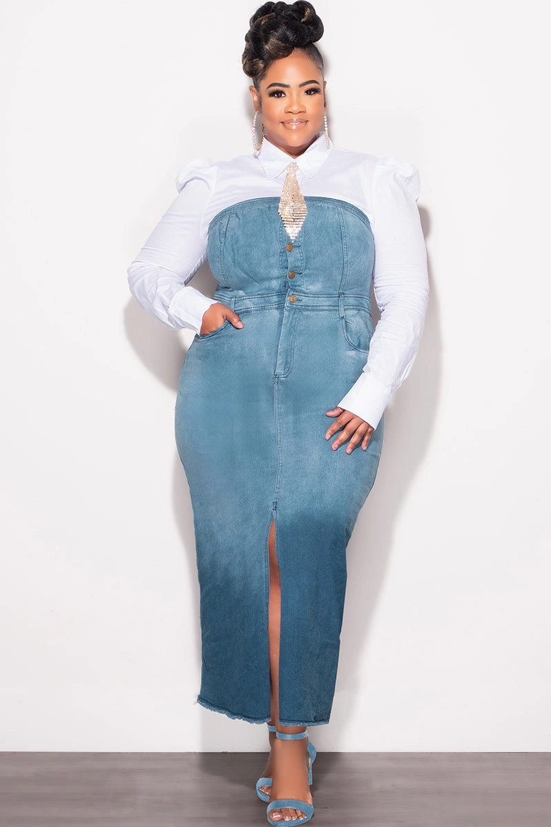 Premium Quality Final Sale Plus Size Color Block Strapless Button Up Dress with Front Slit in Light Denim and Dark Denim