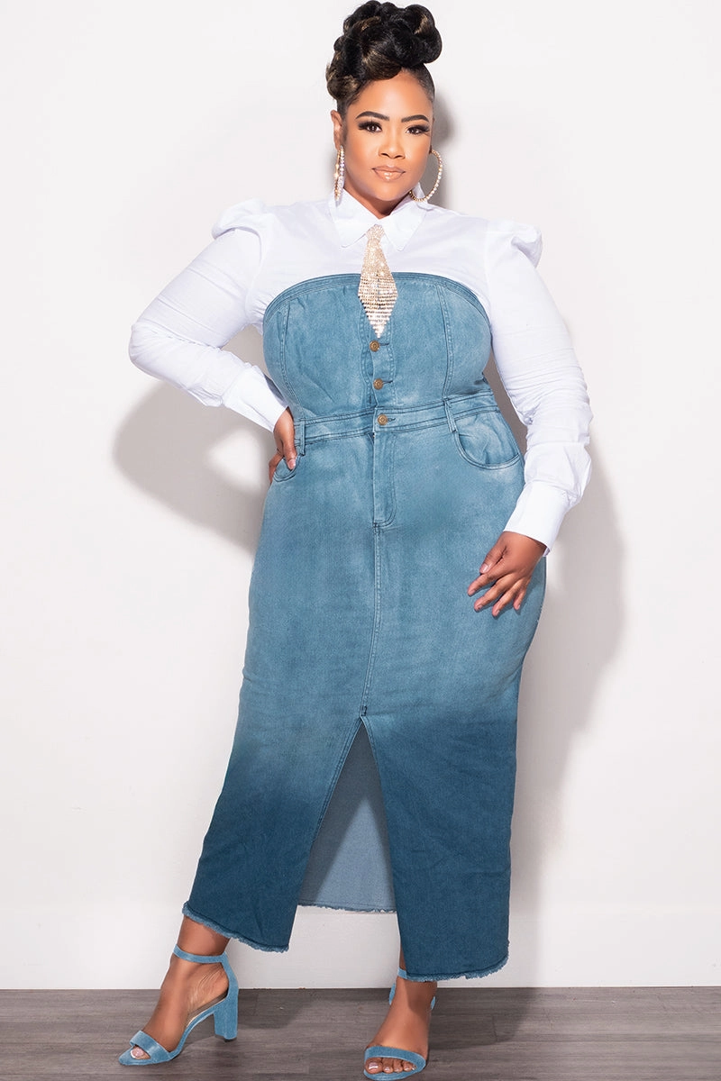 Final Sale Plus Size Color Block Strapless Button Up Dress with Front Slit in Light Denim and Dark Denim Ultimate Wear