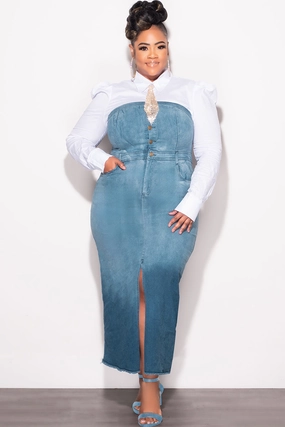 Premium Quality Final Sale Plus Size Color Block Strapless Button Up Dress with Front Slit in Light Denim and Dark Denim