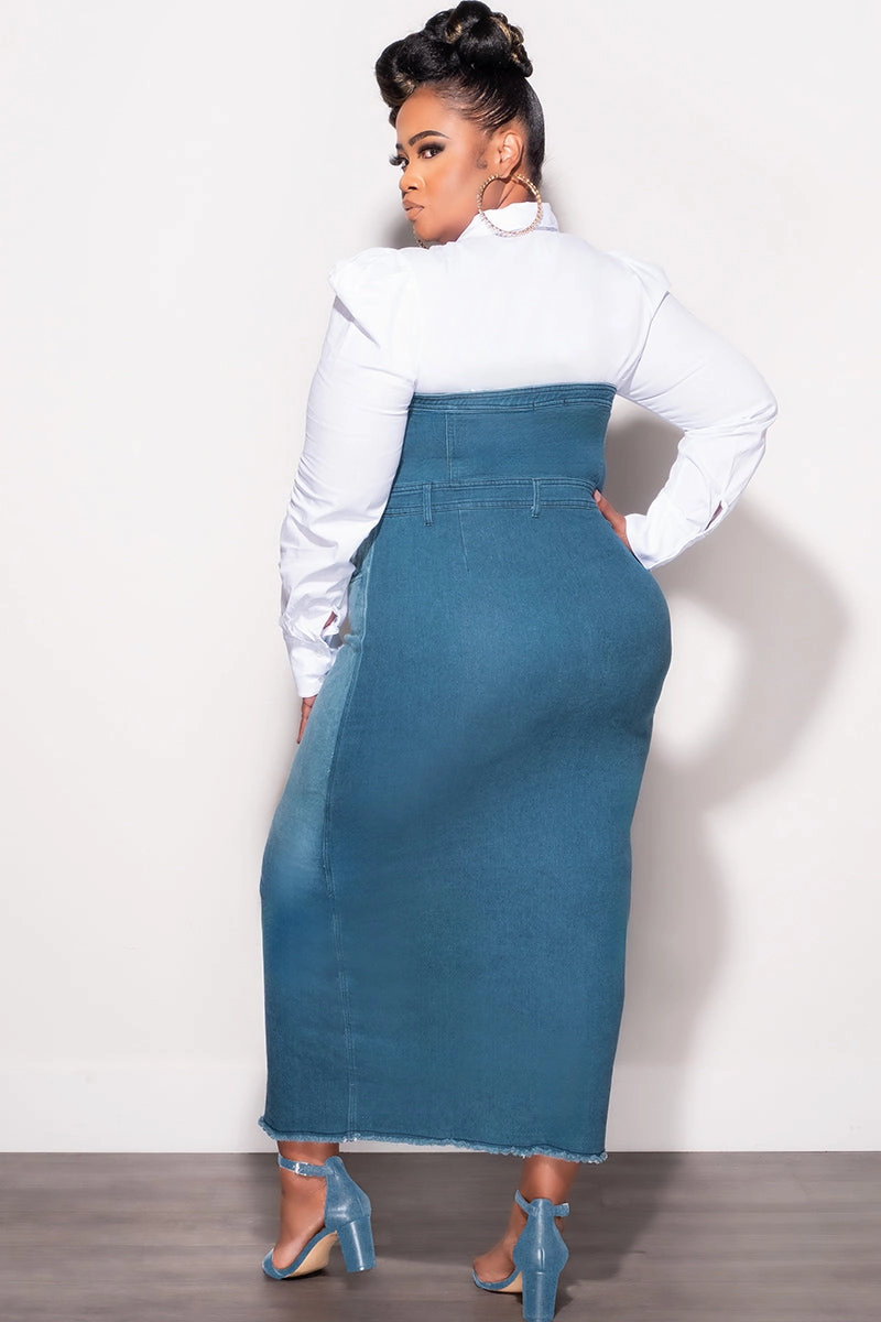 All Occasion Sleek lines Final Sale Plus Size Color Block Strapless Button Up Dress with Front Slit in Light Denim and Dark Denim