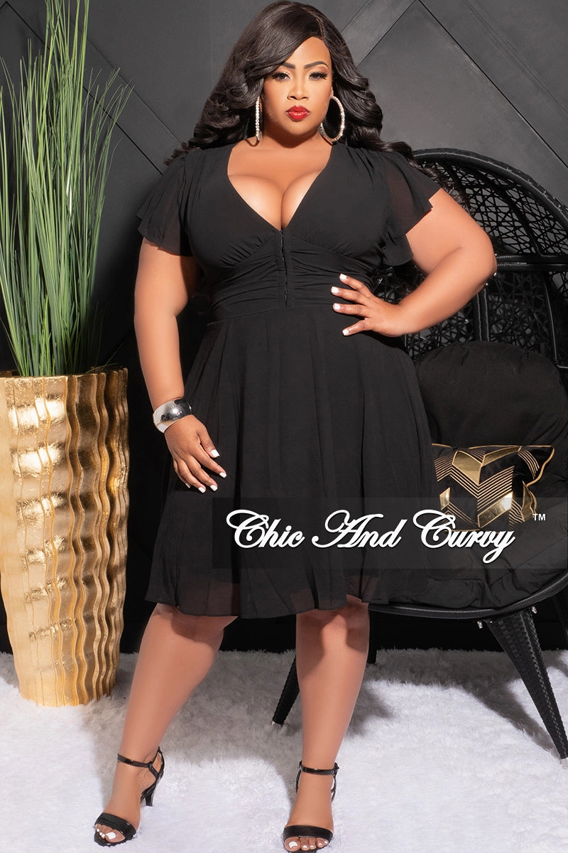 Roll-up style Final Sale Plus Size Sheer Chiffon Dress with Corset Front in Black