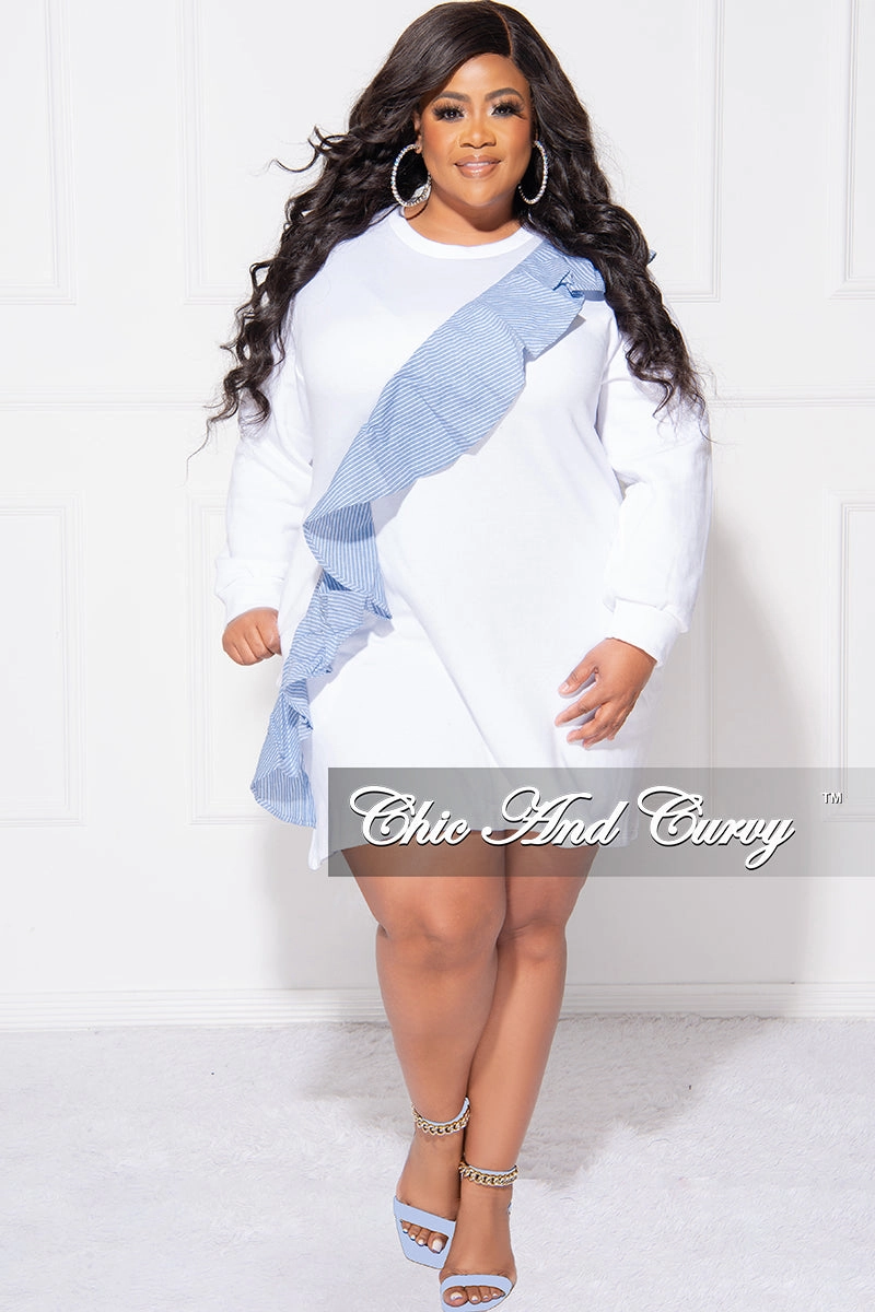Final Sale Plus Size Asymmetrical Ruffle  Sweater Dress in White and Blue Tear Resistant Fabric