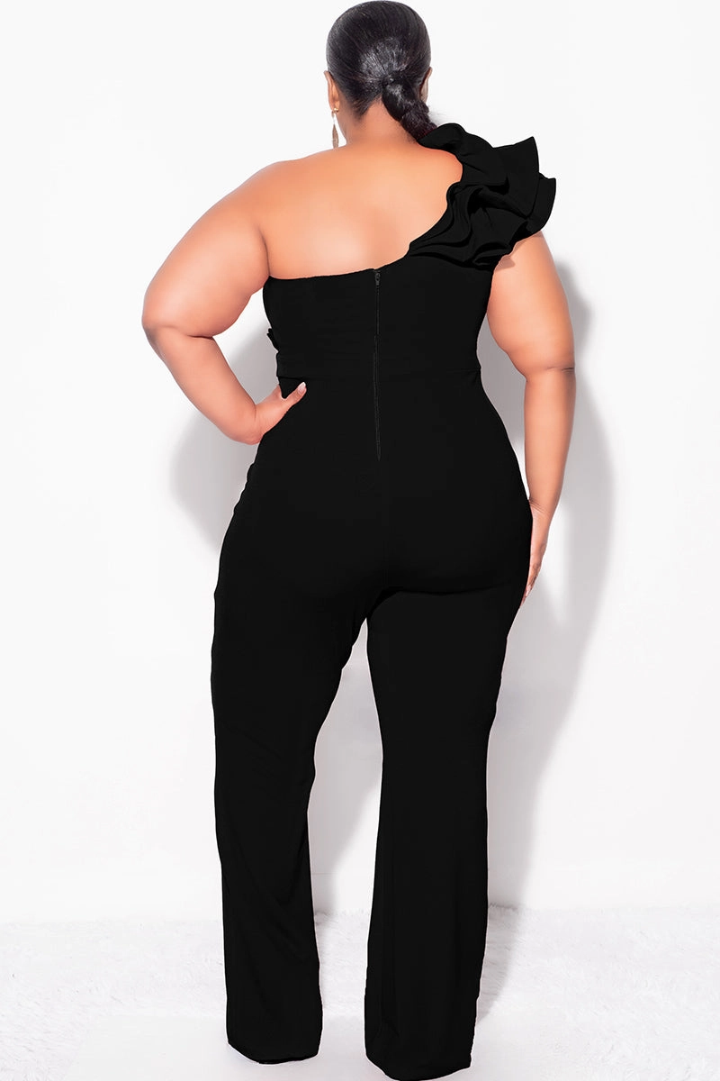 Fitted waist Stretch Panel Final Sale Plus Size One Shoulder Ruffle Trim Jumpsuit in Black